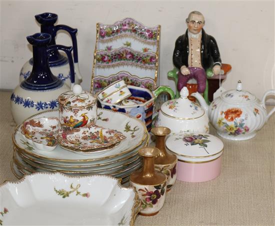 A group of decorative ceramics including a pearlware seated figure, a Limoges dessert set etc.